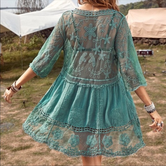 NEW! Boho Lace Crochet Folk Tunic Blouse Top Cover-Up - Picture 5 of 9